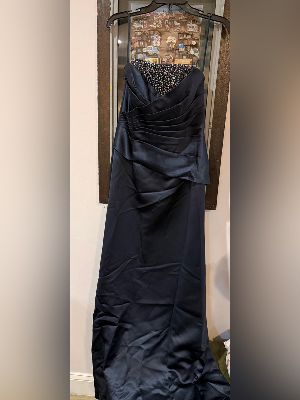 Alexia Designs Navy Strapless Satin Evening Gown with Beaded Sweetheart Bodice